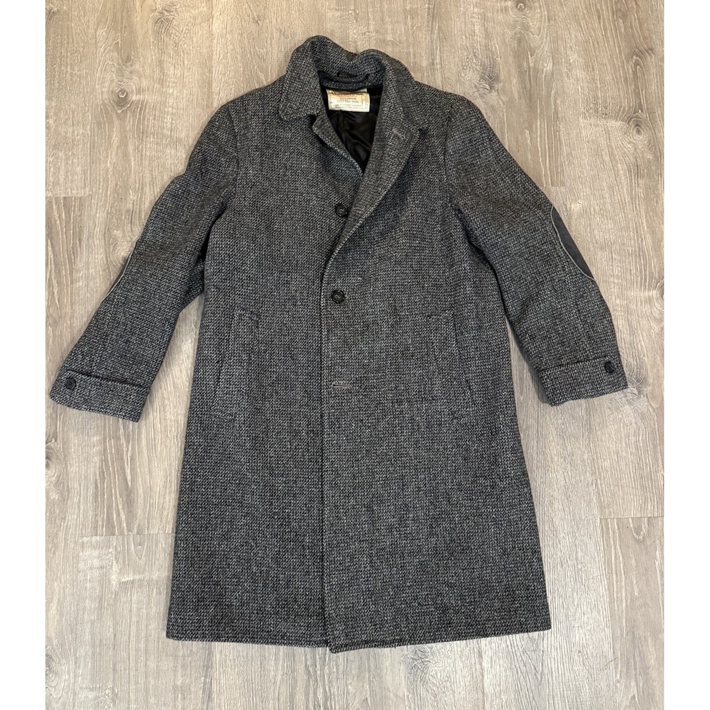 Harris Tweed Coat Mens 42R Gray Wool Herringbone Overcoat Jacket Vintage USA